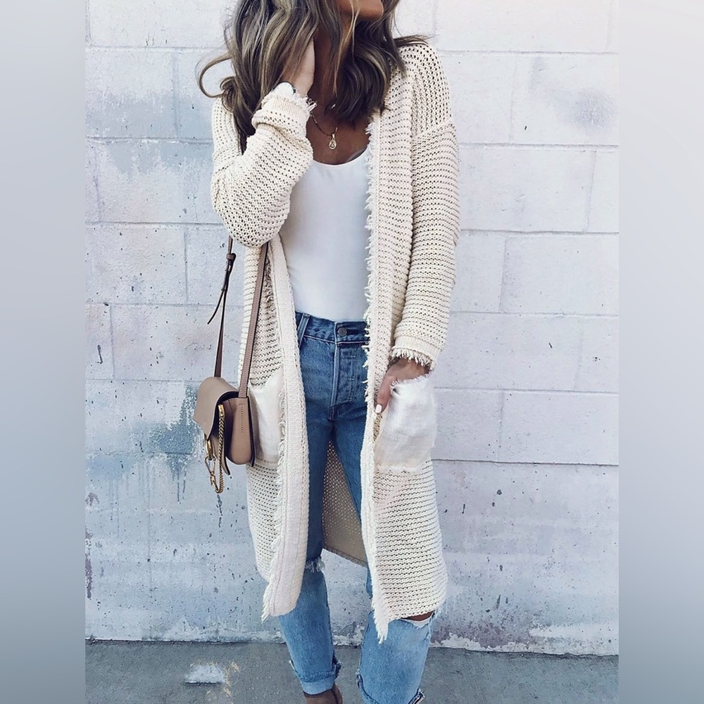Free People Cream Woodstock Duster Sweater Size M